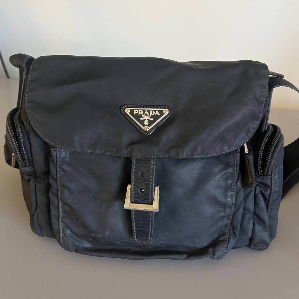 Prada Black Nylon Messenger Bag with Silver Hardware